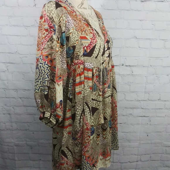 Umgee Boho Feather Print Baby Doll Dress Tunic Med - Picture 5 of 8